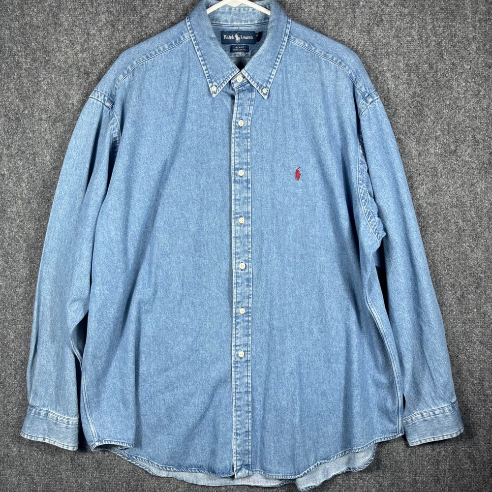 Ralph Lauren Blake Denim Shirt Mens XXL Blue Long Sleeve Button Down Pony VTG - Picture 2 of 8